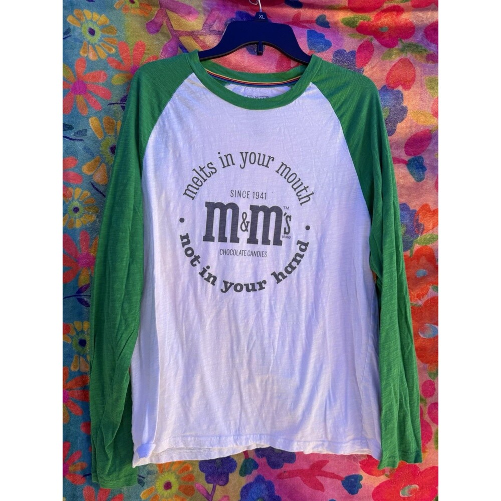 M&M's Men's Green/White Raglan Long Sleeve Graphic Print Tee Cotton XL